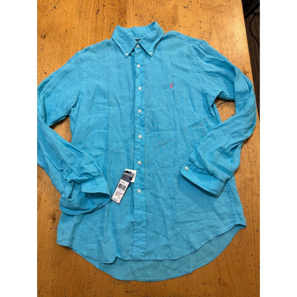 NEW Ralph Lauren Custom Fit Size M Linen Long Sleeve Button Down Shirt Turquoise